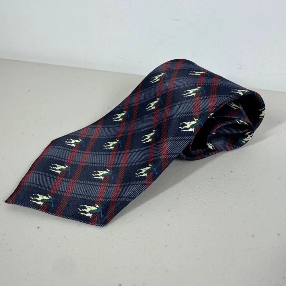 René Chagal Silk Polo Horse Tie Navy Plaid Equestrian Designer Necktie - Picture 2 of 12